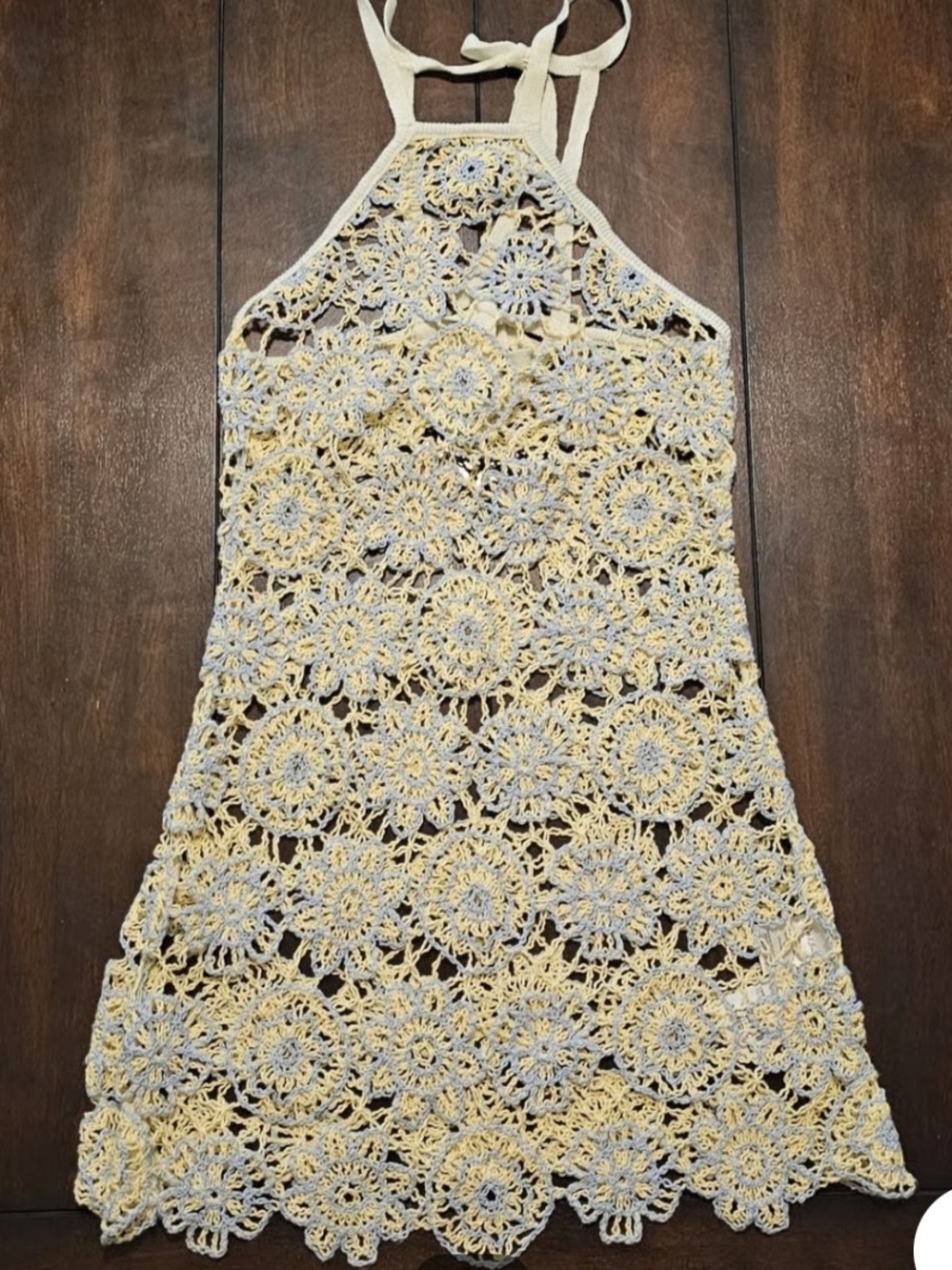 For Love And Lemons Blue & Yellow Crochet Halter Dress